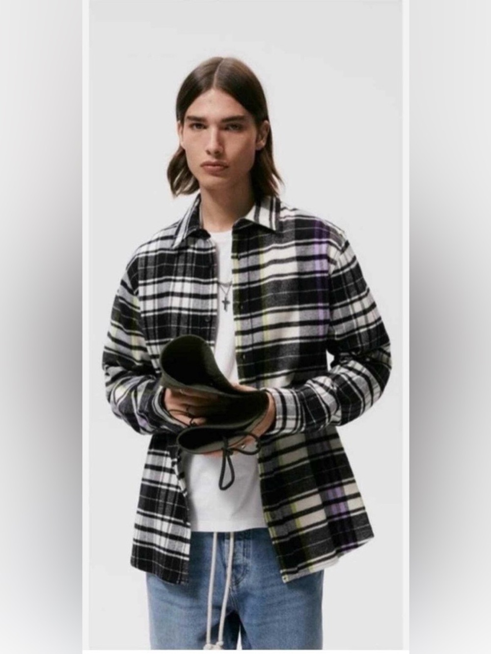Zara MensThick Flannel Black Purple Plaid Long Sleeve Button Relaxed Fit-Large